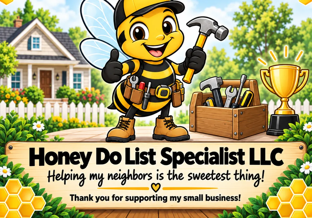Honey Do List bee mascot with a toolbox: Helping my neighbors is the sweetest thing
